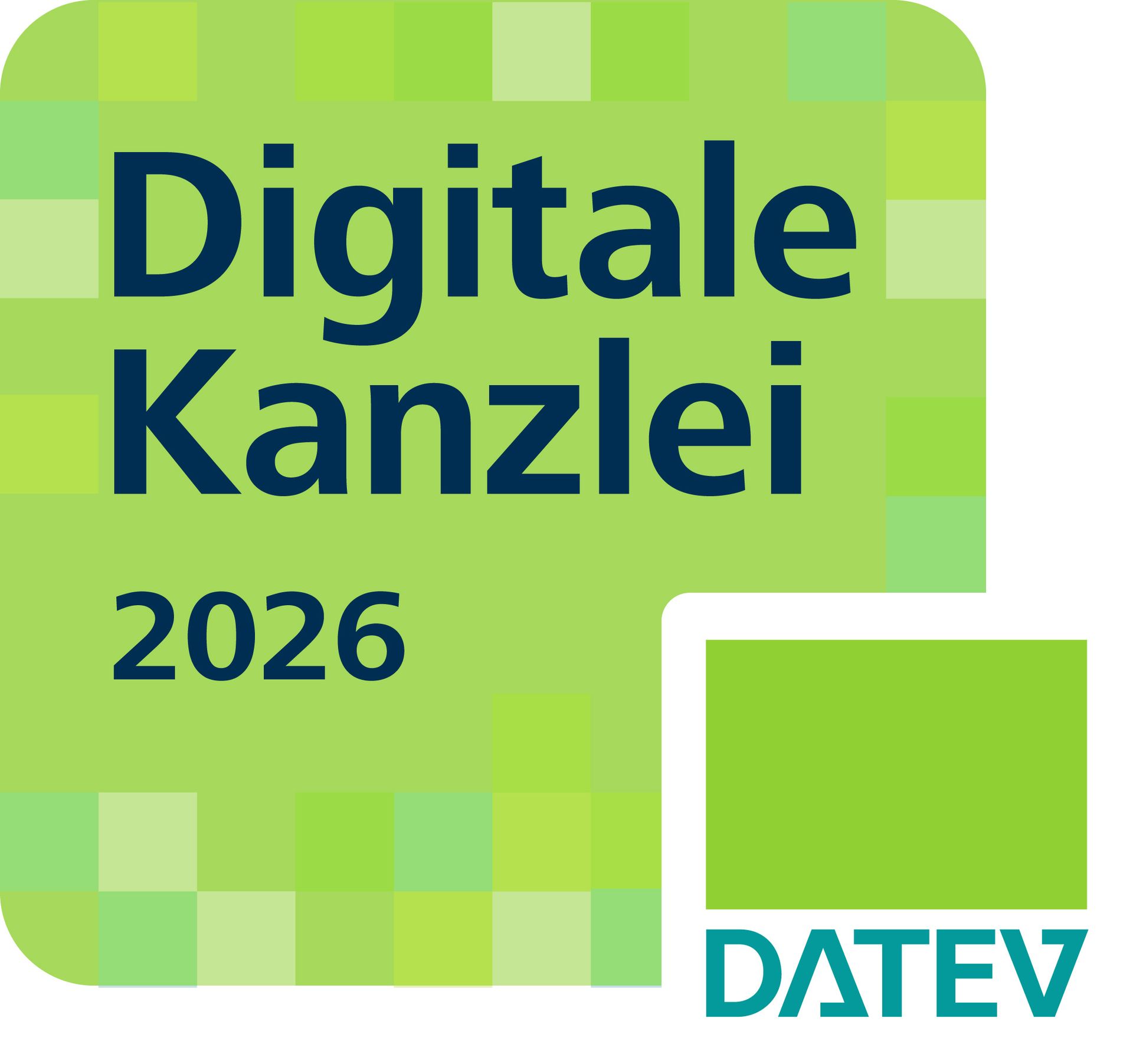 Logo für „Digitale Kanzlei 2026“, ein deutscher Begriff, der „digitales Büro“ bedeutet, mit DATEV-Branding, in Grüntönen.