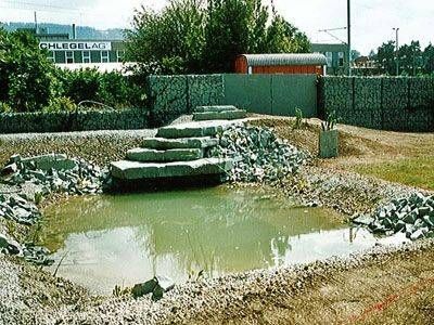 Ein großes Gewässer ist von Felsen und einem Zaun umgeben, im Hintergrund ist ein Gebäude zu sehen