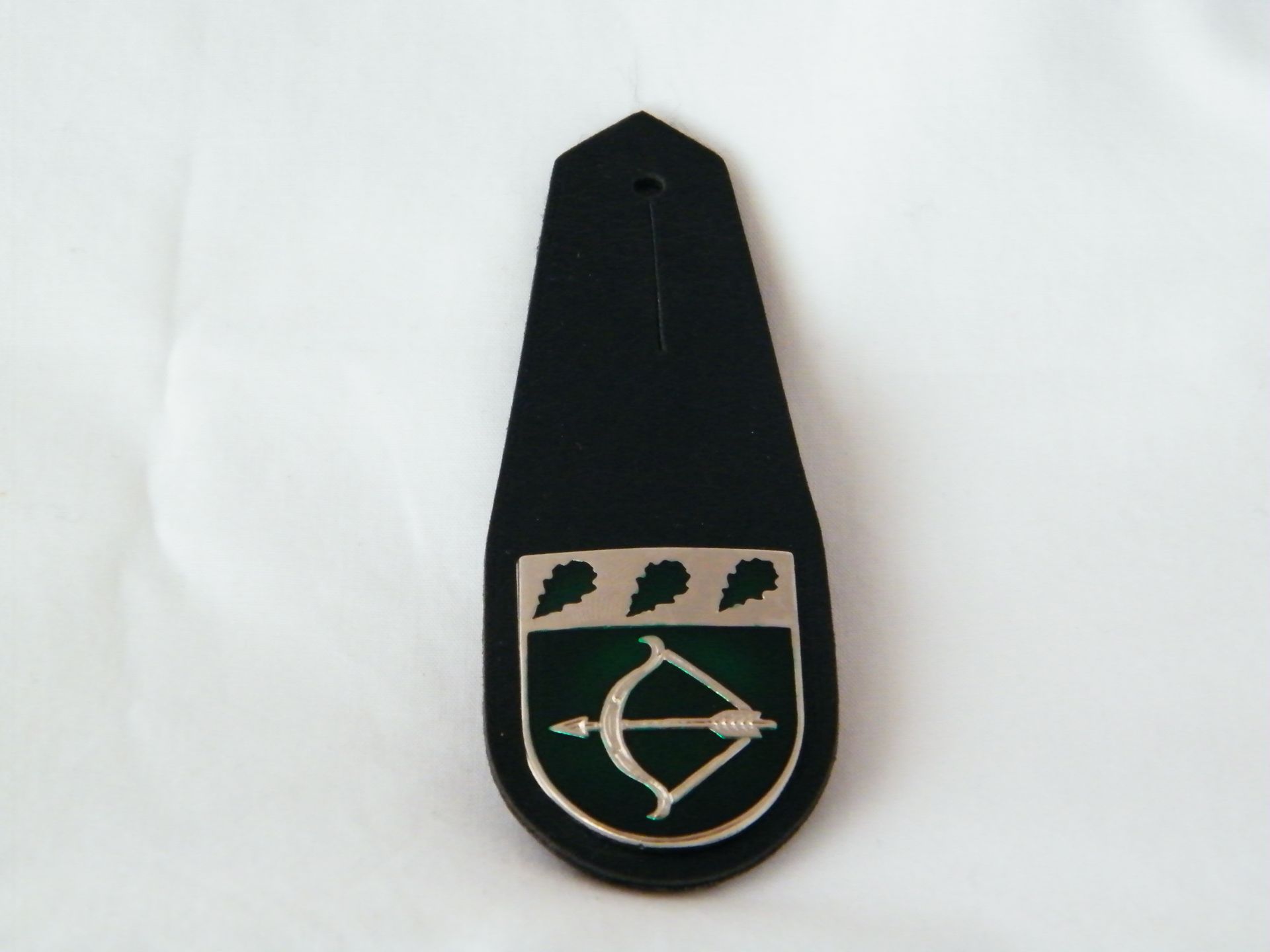 Una insignia negra con un escudo verde y una flecha sobre ella