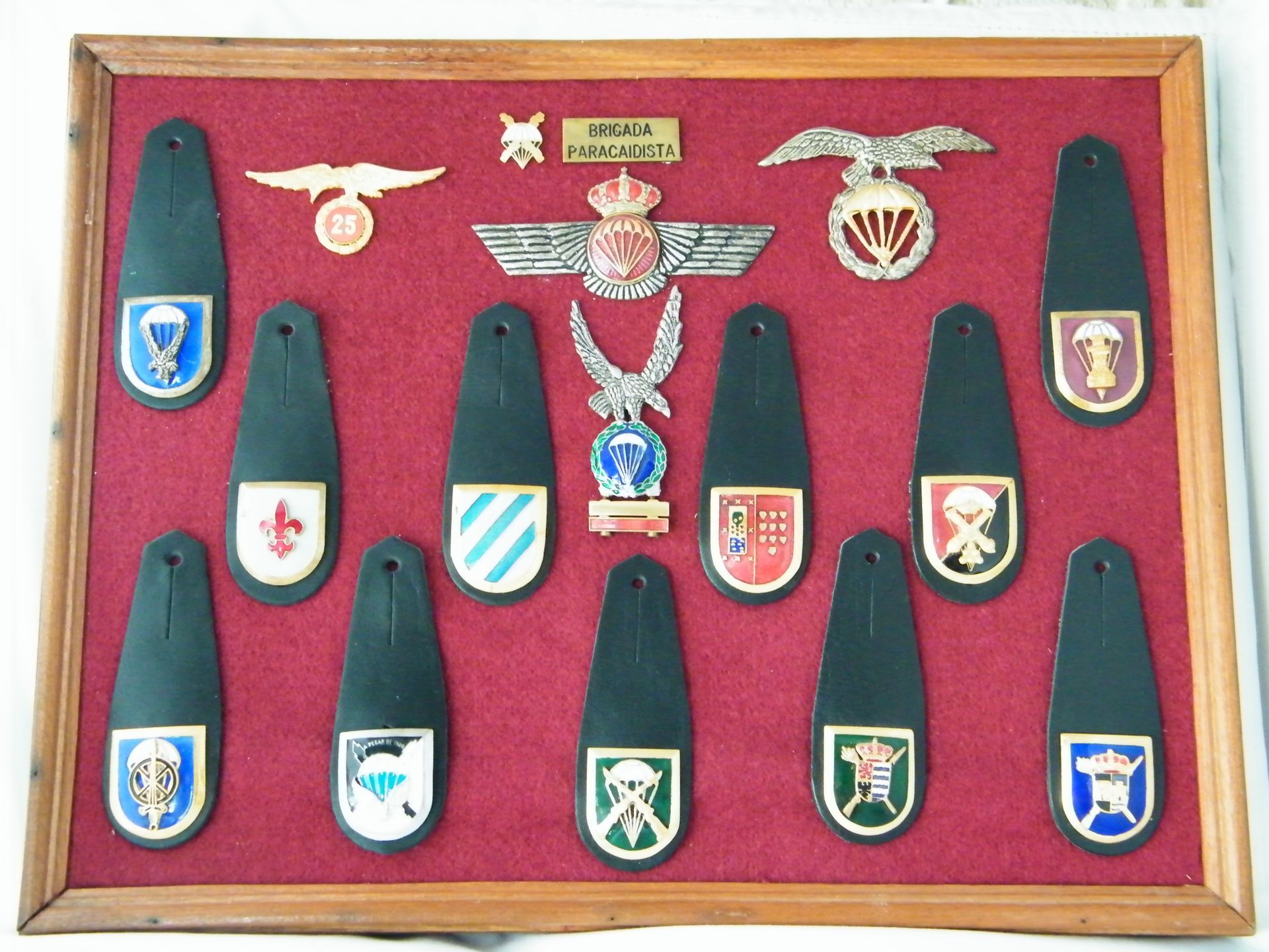 Una colección enmarcada de insignias militares, incluida una que dice 