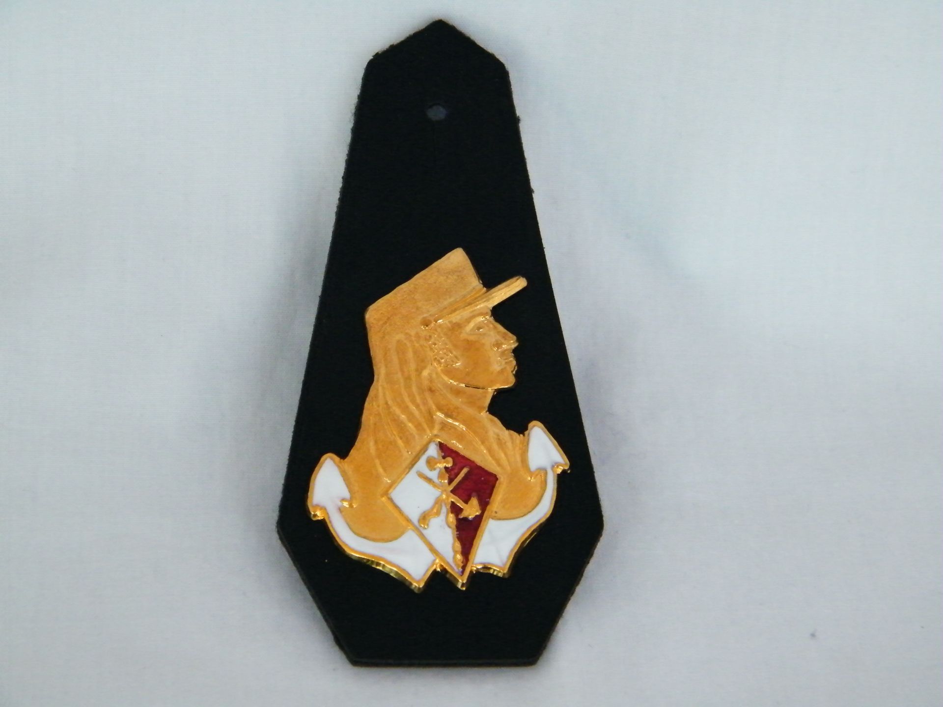 Una insignia negra con un soldado dorado en ella