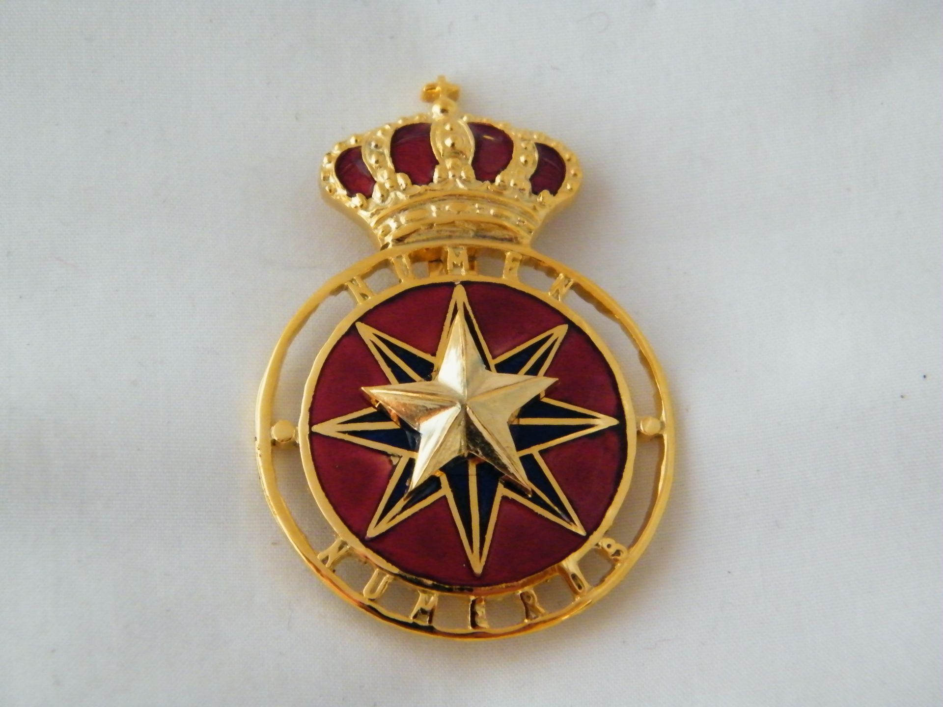 Una insignia dorada con una corona y una estrella.