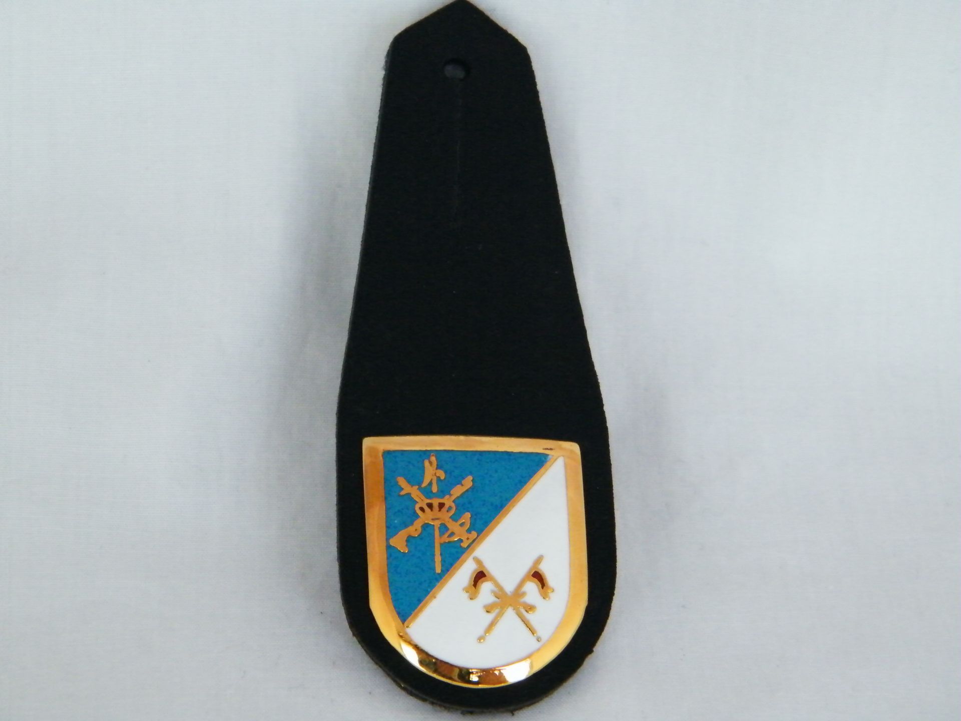 Una insignia negra con un escudo azul y blanco.