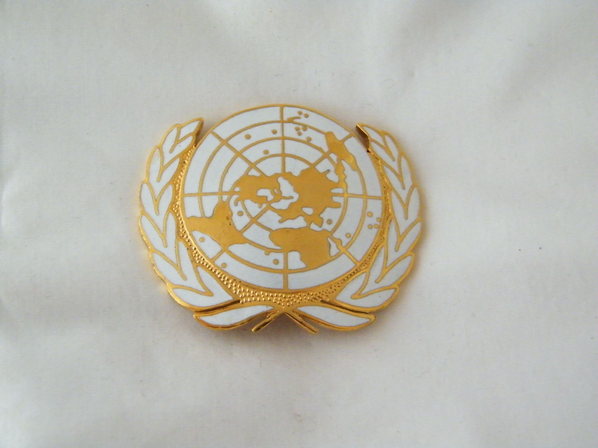 Un broche blanco y dorado con un globo terráqueo y una corona de laurel.