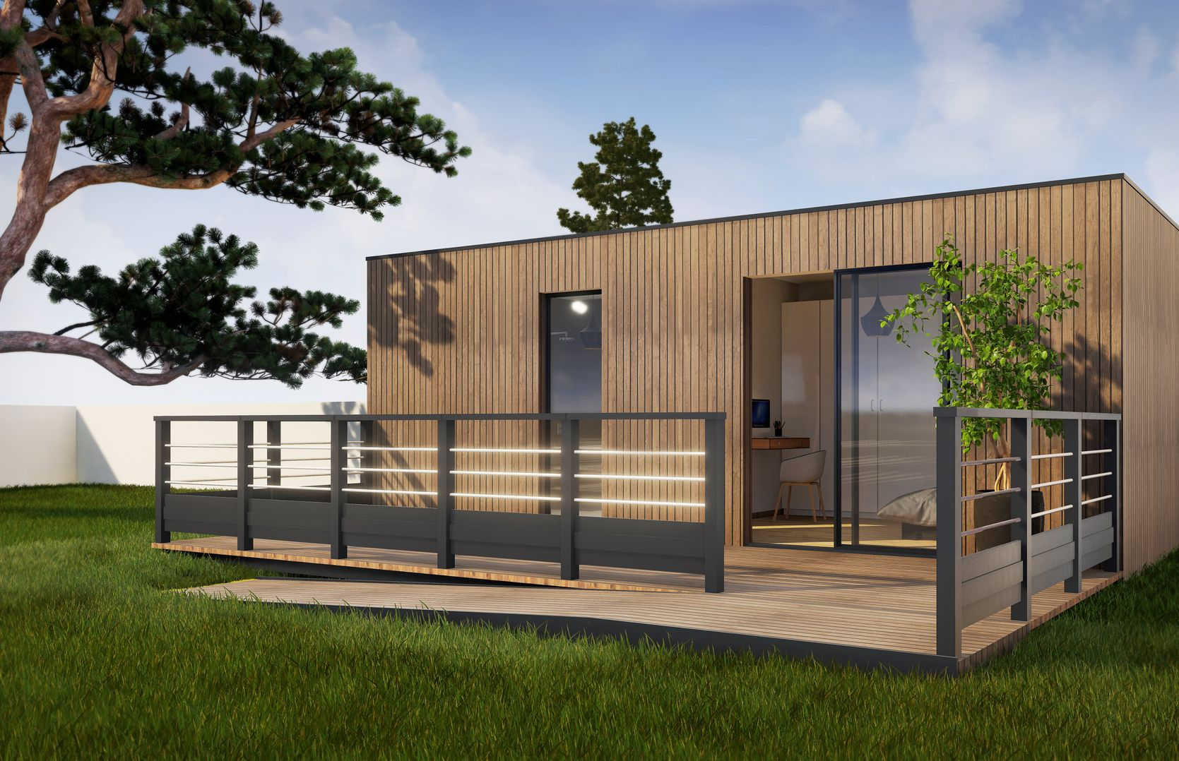 Une extension en bois moderne avec une terrasse en bois..