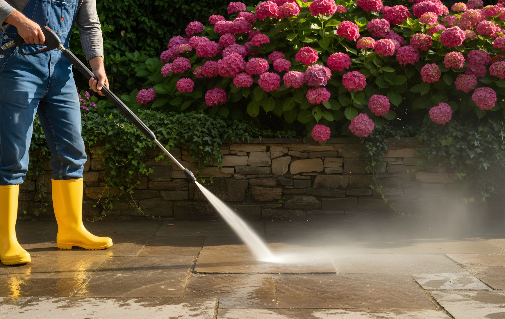 Une personne portant des bottes jaunes utilise un nettoyeur à haute pression pour nettoyer une terrasse.
