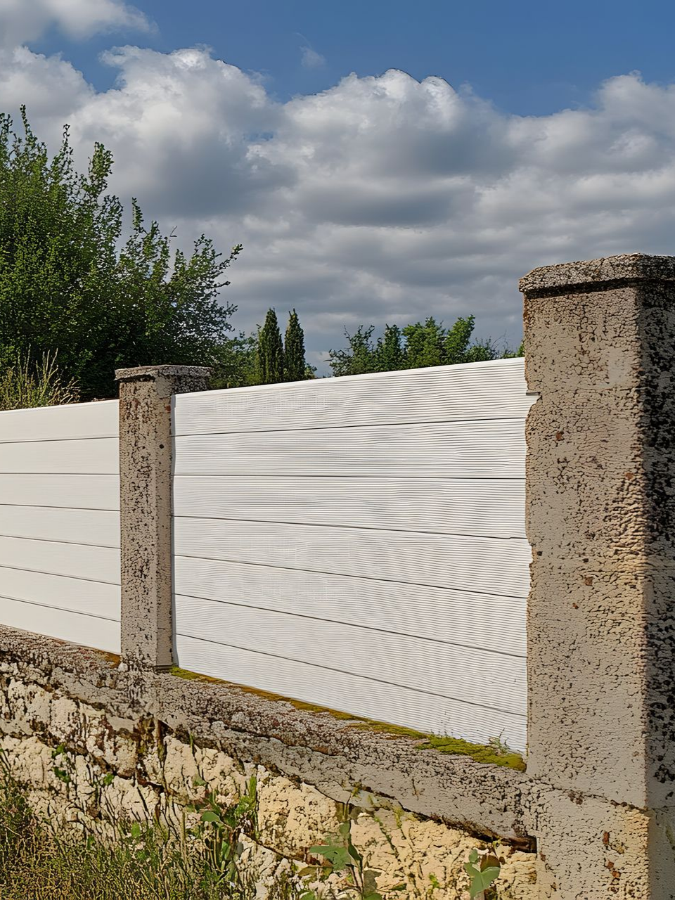 Clôture blanche avec des piliers en béton et un ciel bleu nuageux en arrière-plan.