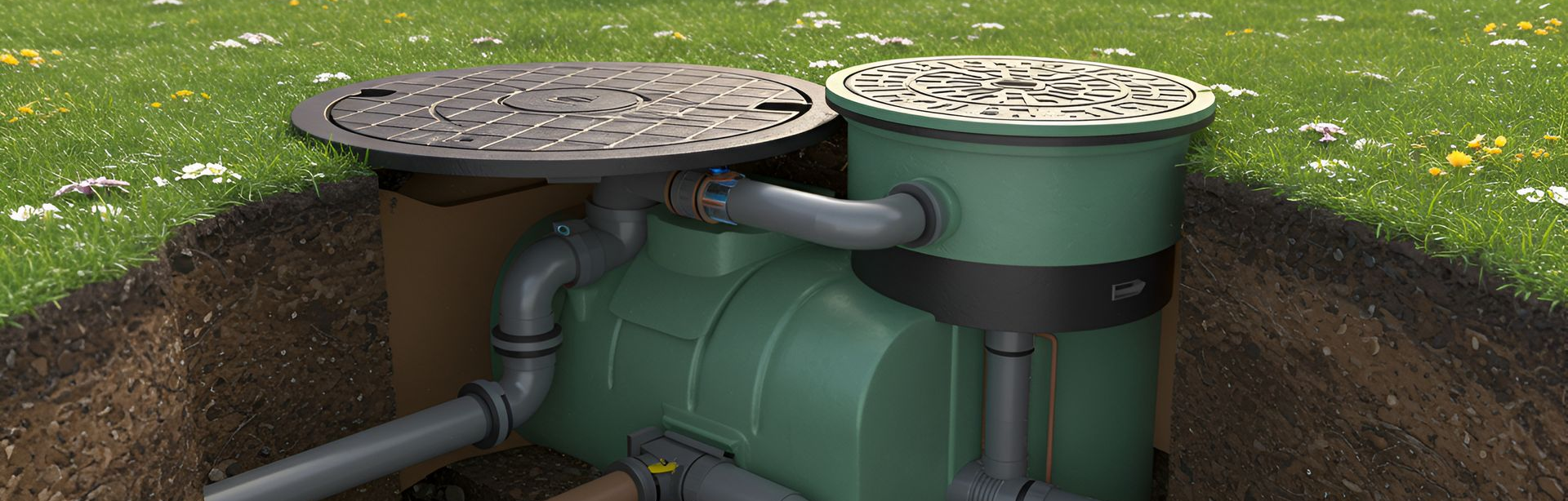 Une fosse septique enterrée avec tuyaux et deux couvercles d'accès dans une zone herbeuse.