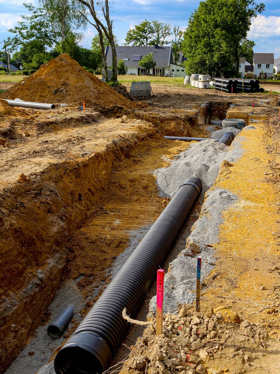 Tranchée avec tuyaux de drainage noirs posés dans du gravier, chantier avec maisons en arrière-plan.