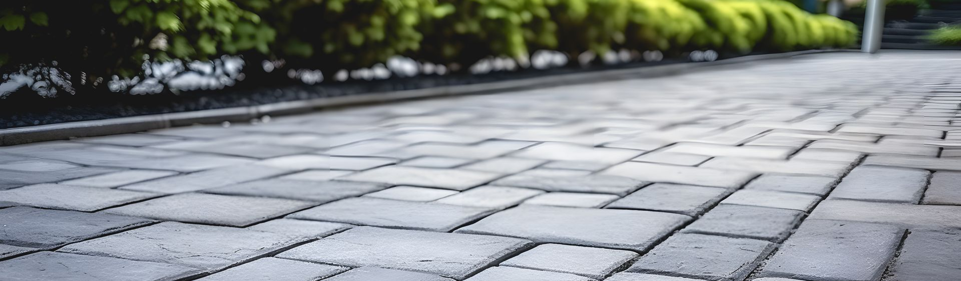 Une allée pavée de pierre bordée de buissons verts.