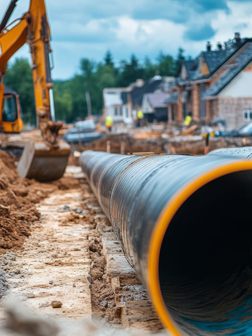 Tuyau ondulé noir dans une tranchée sur un chantier de construction ; excavatrice et maisons en arrière-plan.