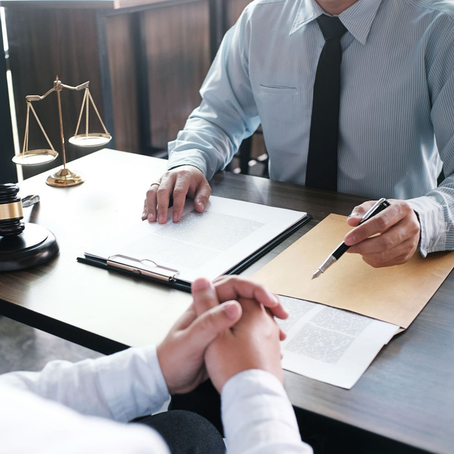 Deux personnes signent des documents lors d’une réunion d’affaires, à un bureau où se trouve une maquette de balance de la justice.