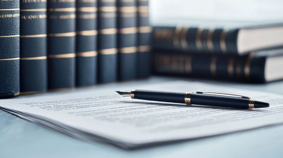 Un stylo posé sur un document ouvert, à côté d’une pile de livres sur un bureau