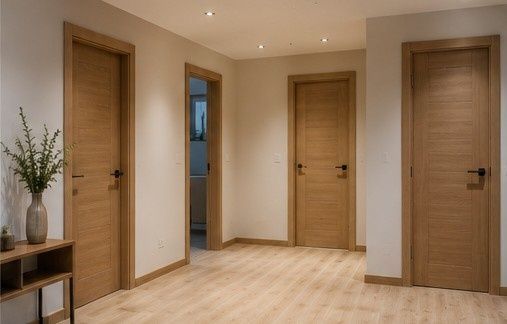 Pasillo luminoso con cuatro puertas de madera cerradas y suelo de madera clara, además de una pequeña estantería y una planta.