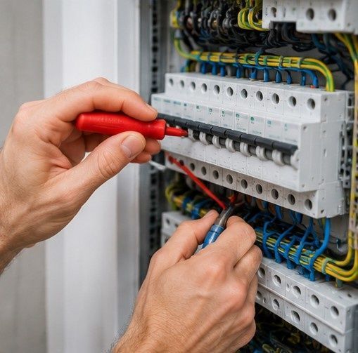 Manos que utilizan destornilladores rojos y azules para trabajar en un panel de disyuntores eléctricos con cableado expuesto.