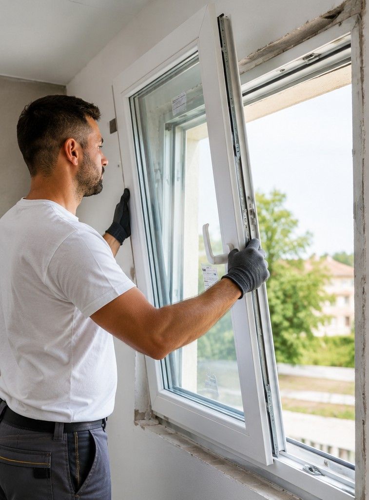 Una persona, con guantes negros, está instalando un marco de ventana blanco en el interior de una vivienda, cerca de una ventana abierta.