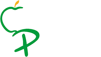 Logo de pomme verte stylisée avec une feuille jaune sur fond blanc