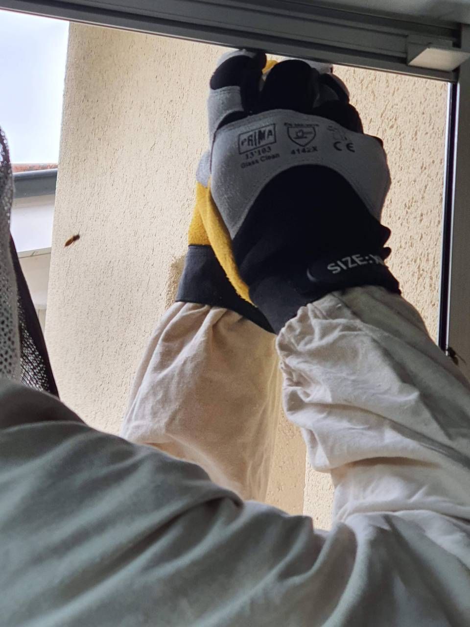 Une personne portant des gants sur lesquels est écrit la taille