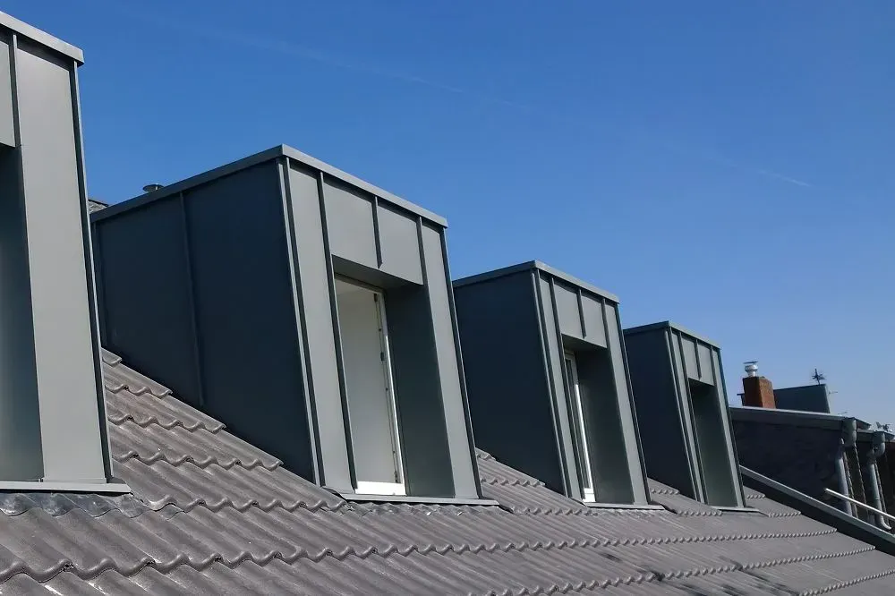 Schieferdach mit grauen Dachgauben unter klarem, blauem Himmel