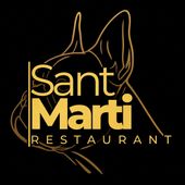 Logotipo dorado del restaurante Sant Marti con el contorno de un perro sobre fondo negro.