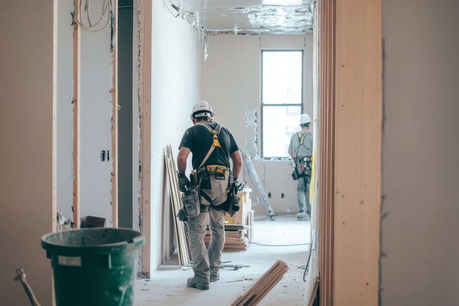 Obreros de la construcción con cascos y equipo de seguridad trabajando en una habitación en renovación.
