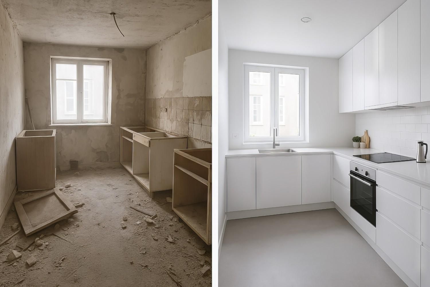 Vista antes y después de una pequeña renovación de cocina, que muestra la demolición y un diseño moderno blanco terminado.
