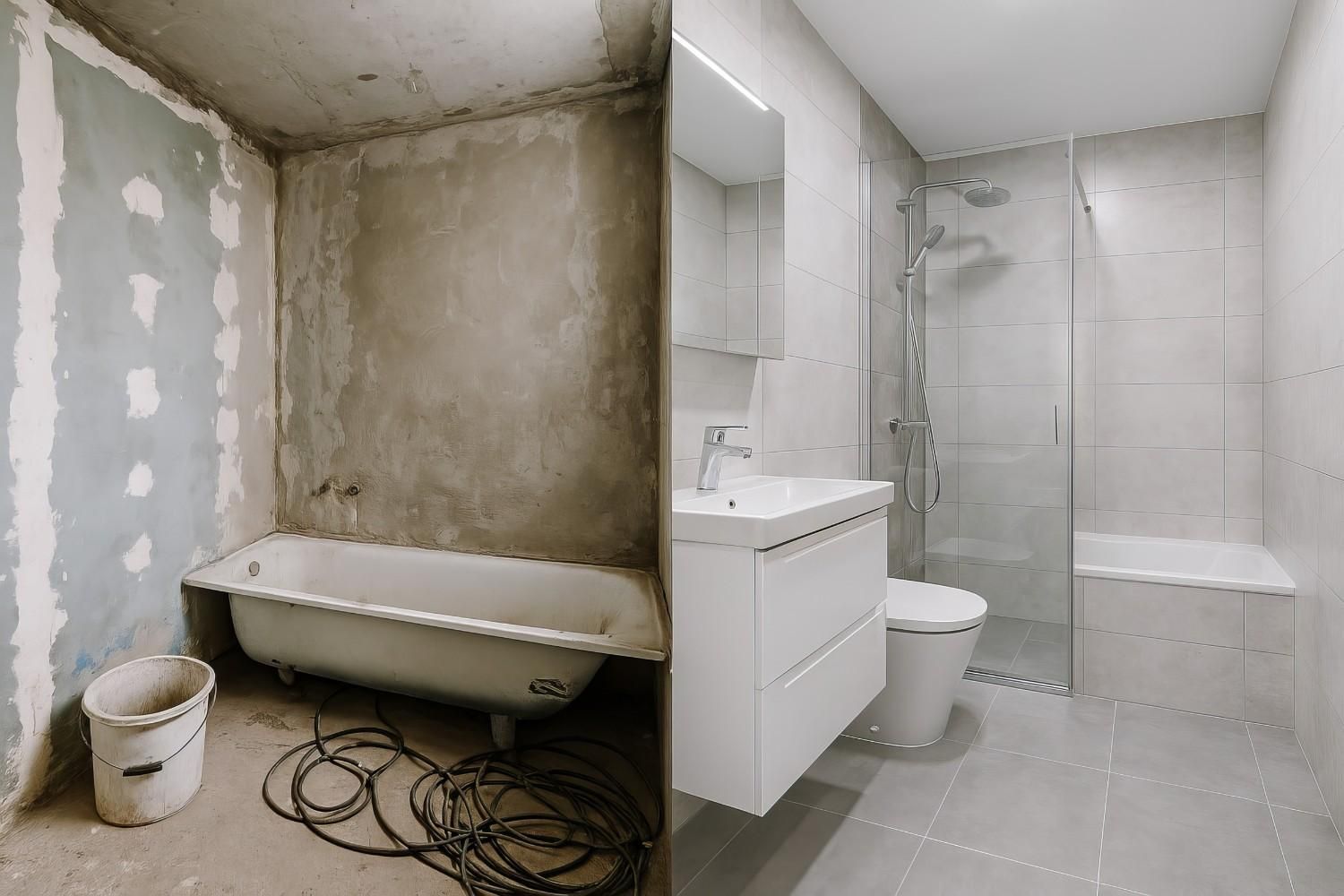Baño antes y después de la renovación: espacio sin terminar con bañera y balde, terminado con accesorios y ducha de azulejos.