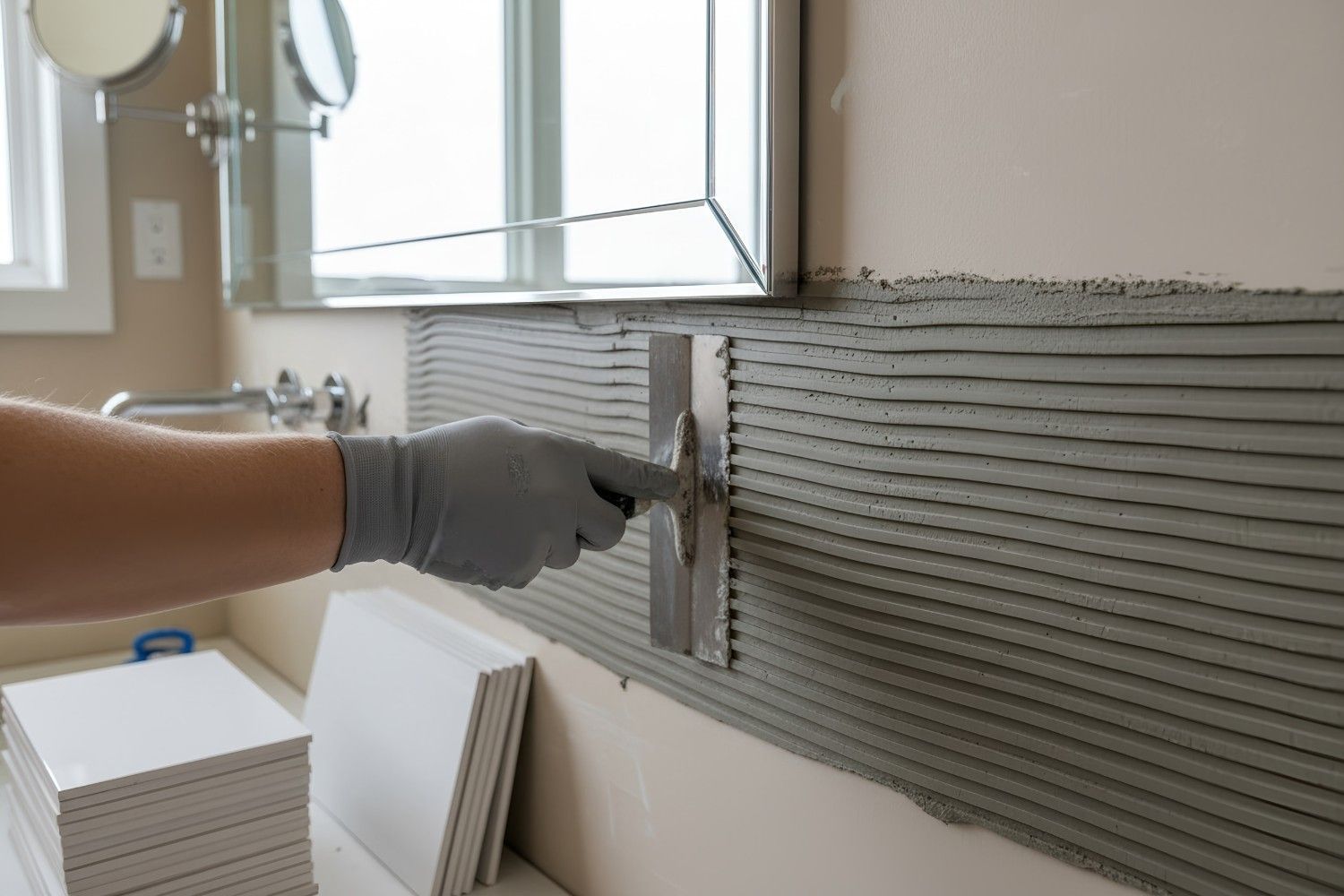 Persona que usa un guante aplica mortero a la pared de un baño, preparándose para la instalación de baldosas.