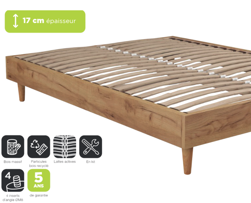 Sommier en bois massif à lattes actives en bois recyclé. 17 centimètres d'épaisseur. 5 ans de garantie. À monter soi-même.