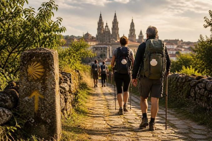 Senderistas con mochilas en un sendero de piedra