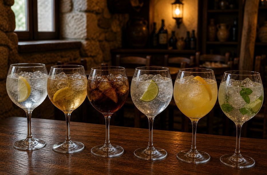 Seis cócteles con tallo alineados en una barra de madera en un ambiente de pub cálido y rústico.
