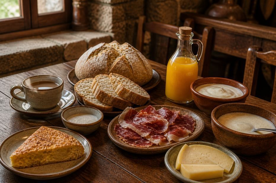 Mesa de desayuno rústica con pan, pasteles, mermelada, mantequilla, café y jugo de naranja.