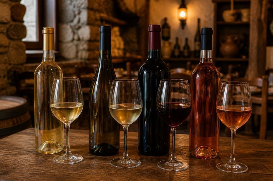 Botellas y copas de vino sobre una mesa de madera en una bodega rústica con poca luz.