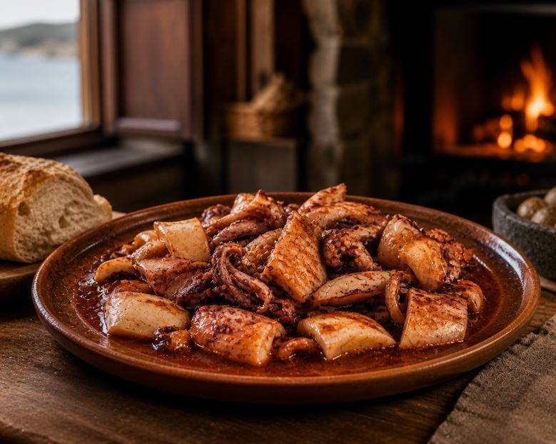 Un plato de trozos de hojaldre espolvoreados con canela sobre una mesa de madera junto a una cálida chimenea.