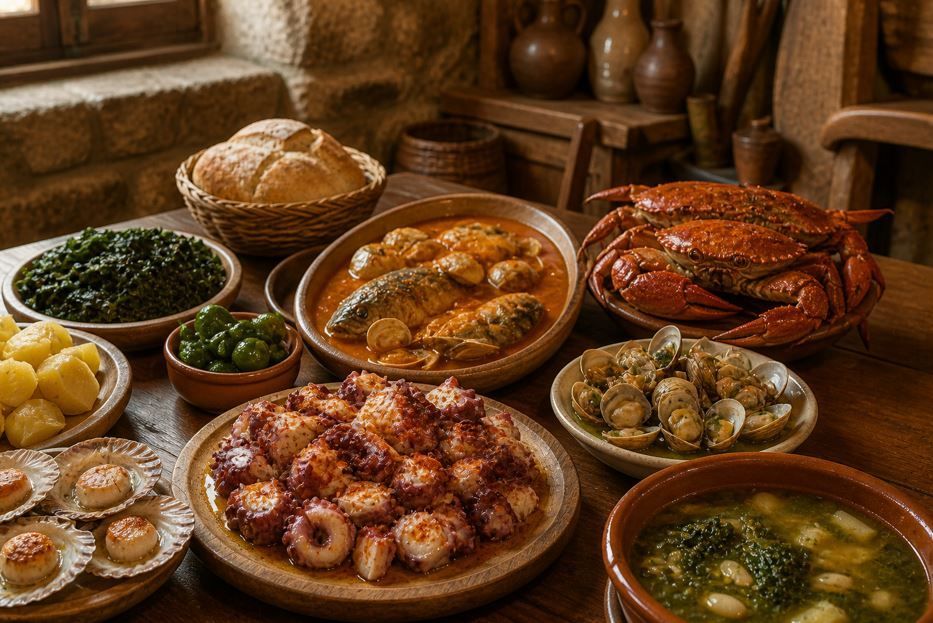 Mesa rústica con surtido de platos de mariscos, pan y pequeños acompañamientos en un ambiente de cocina acogedor.