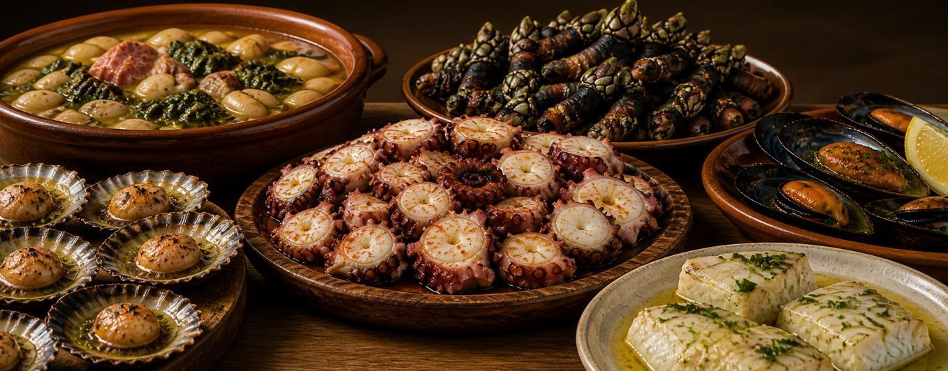 Variedad de platos mediterráneos dispuestos sobre una mesa de madera, incluyendo pasteles rellenos, aceitunas y mariscos.