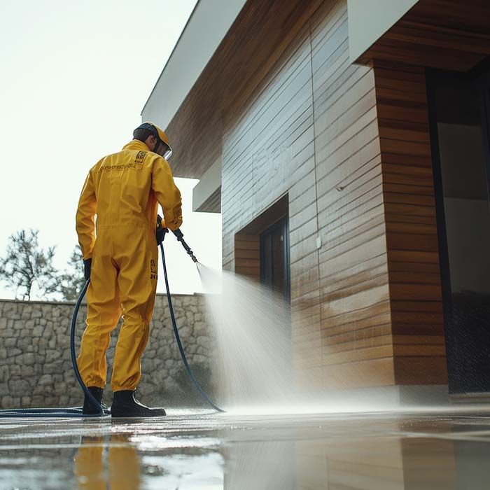 Un hombre con un mono amarillo está rociando agua en el costado de un edificio.