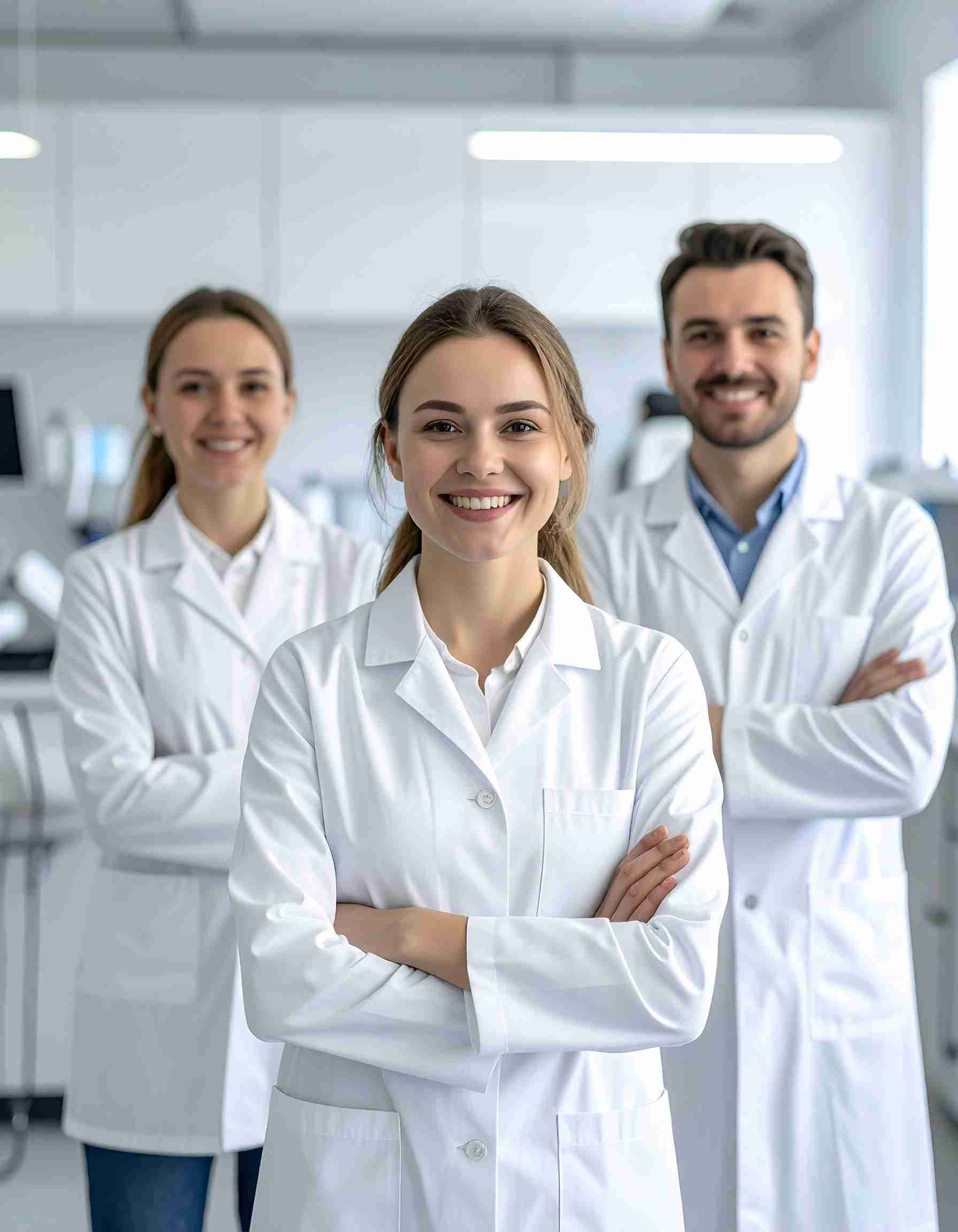Tres profesionales médicos, sonrientes, con batas blancas y los brazos cruzados en una oficina luminosa.