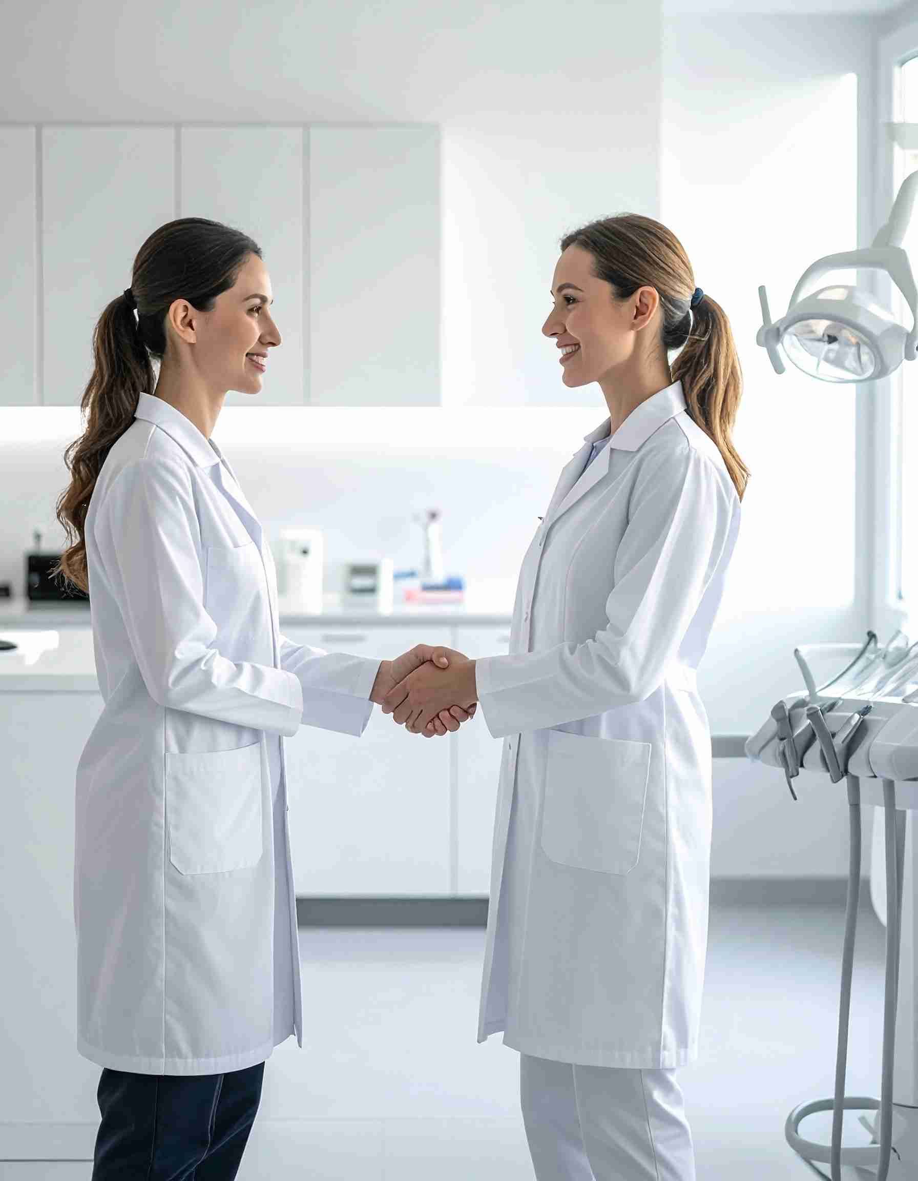 Dos mujeres con batas blancas se dan la mano en un consultorio dental.