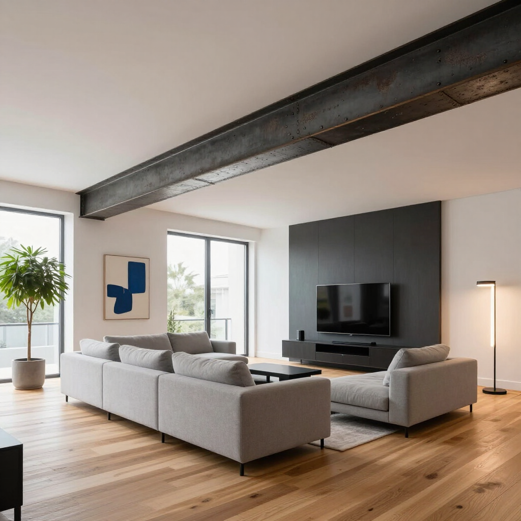 Salon moderne avec canapé d'angle gris, parquet, poutre noire et grandes fenêtres
