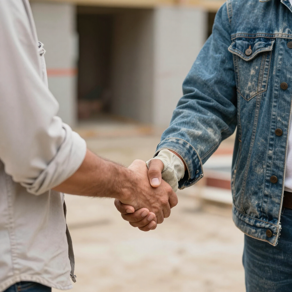 Deux personnes se serrent la main sur un chantier, l'une avec une veste en jean et l'autre avec une chemise claire.