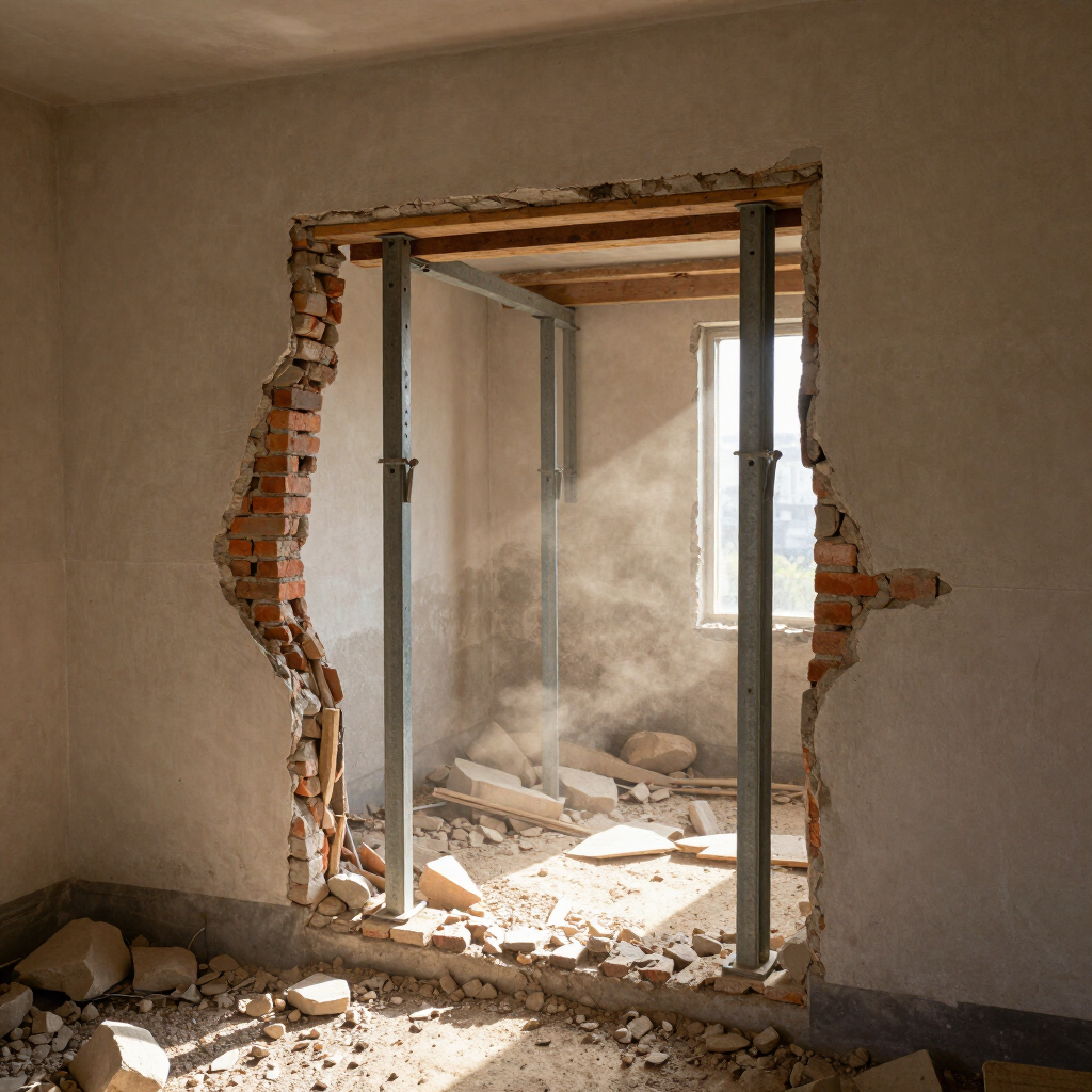 Mur partiellement démoli avec une grande ouverture donnant sur une pièce poussiéreuse en cours de rénovation