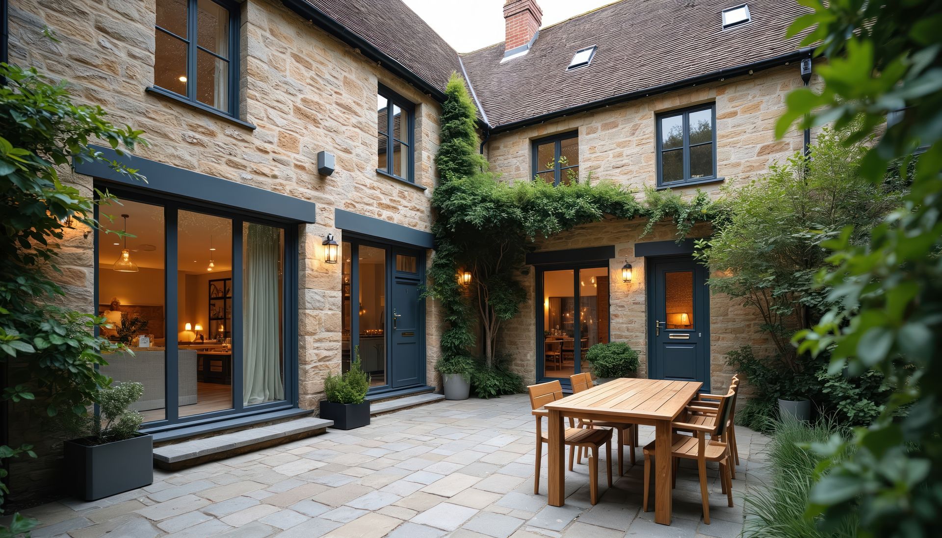 Cour intérieure en pierre avec terrasse en bois, jouxtant une maison en briques et des fenêtres éclairées.