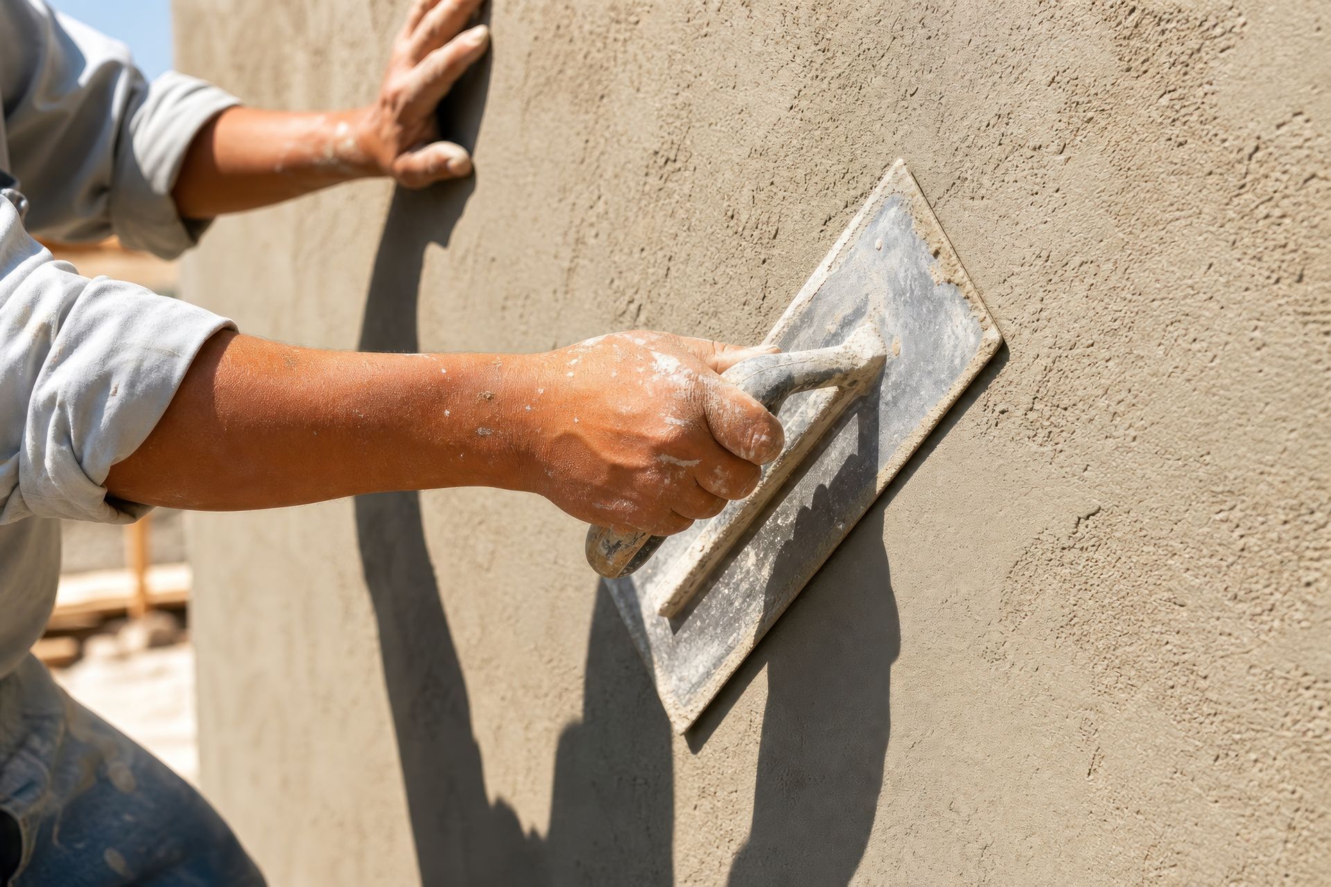 Un ouvrier lisse un mur en stuc beige à la truelle à l'extérieur.