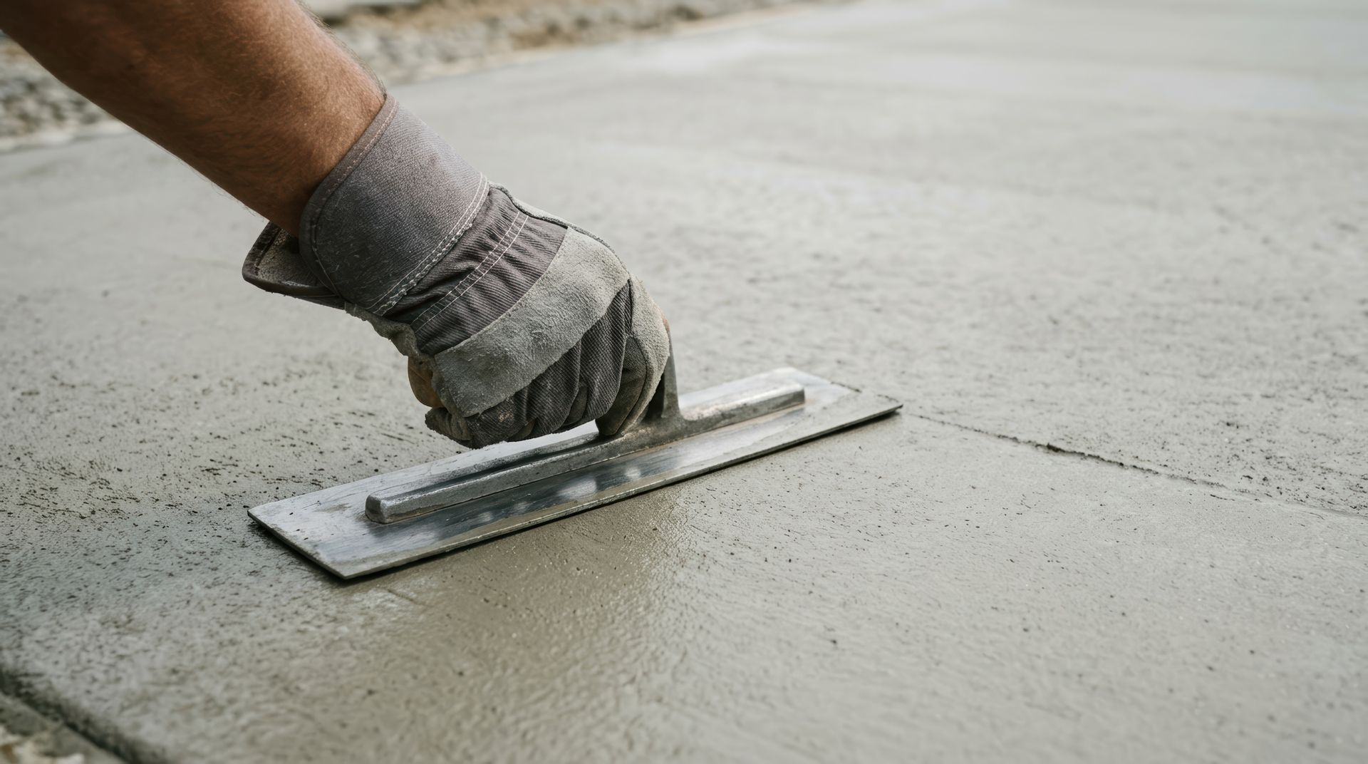 Main gantée lissant du béton frais à la truelle sur une allée