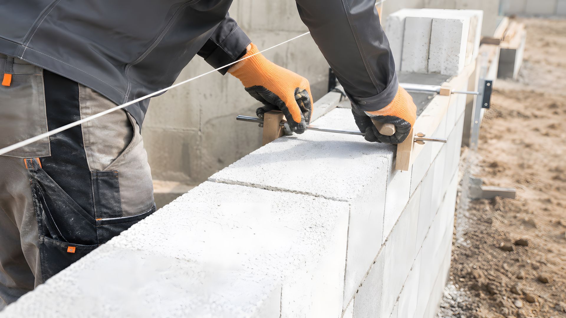 Ouvrier du bâtiment posant des blocs de béton blancs à l'aide d'une ficelle sur un chantier