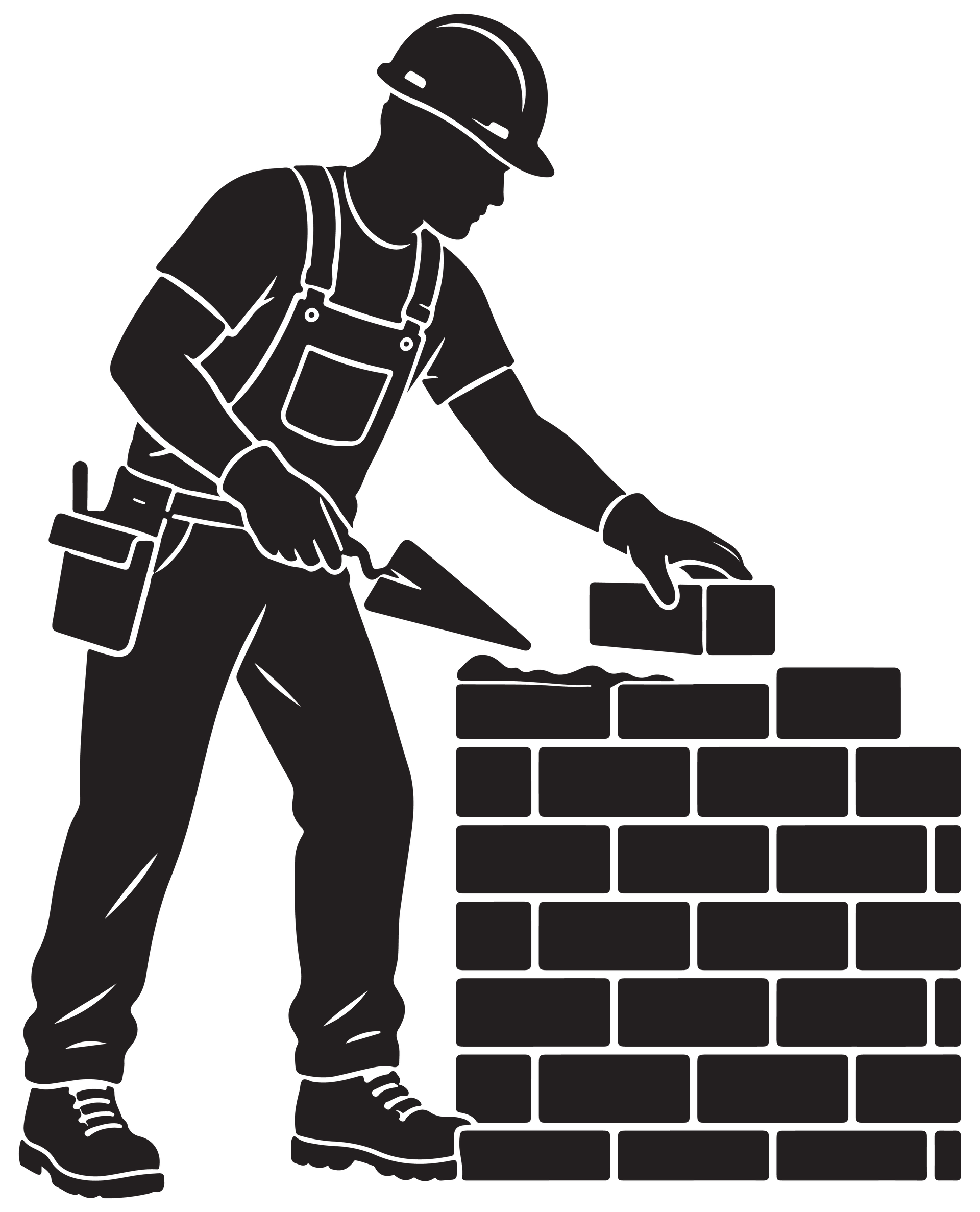 Silhouette d'un ouvrier du bâtiment posant des briques à la truelle pour construire un mur