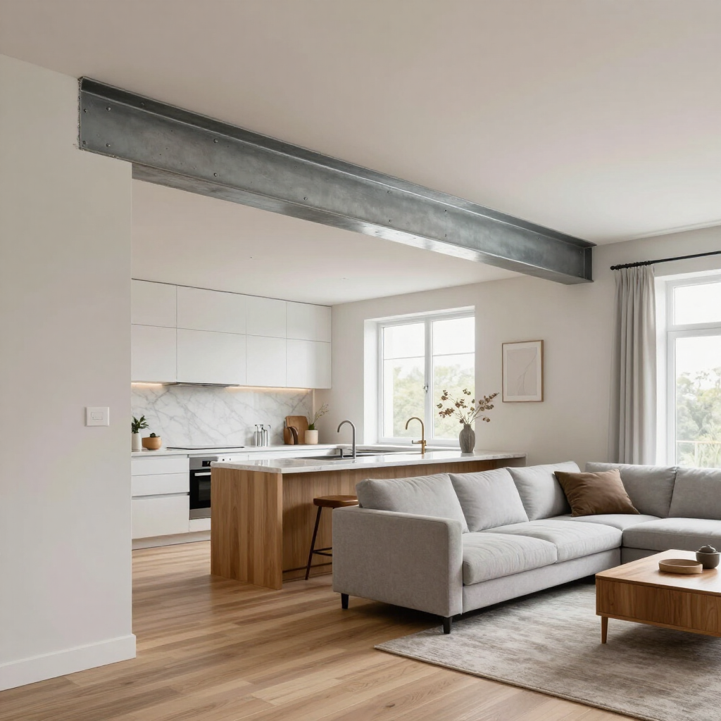 Salon moderne à aire ouverte avec parquet, canapé gris, cuisine et grande poutre en acier apparente