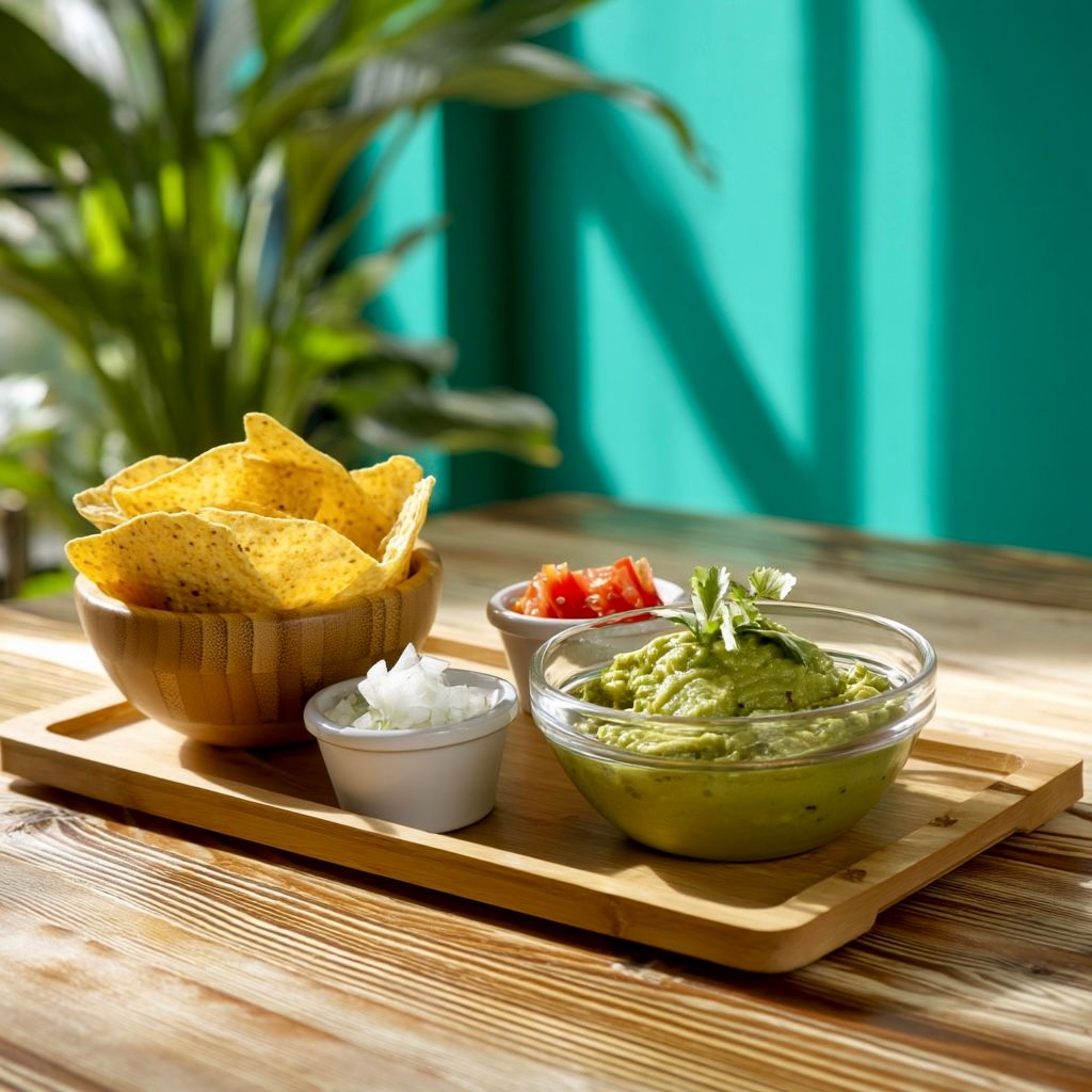 Bandeja de madera con totopos, guacamole, salsa y cebolla. Ambiente soleado y luminoso.