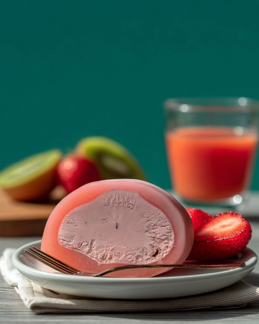 Mochi de fresa en un plato con fresas frescas, kiwi y jugo.